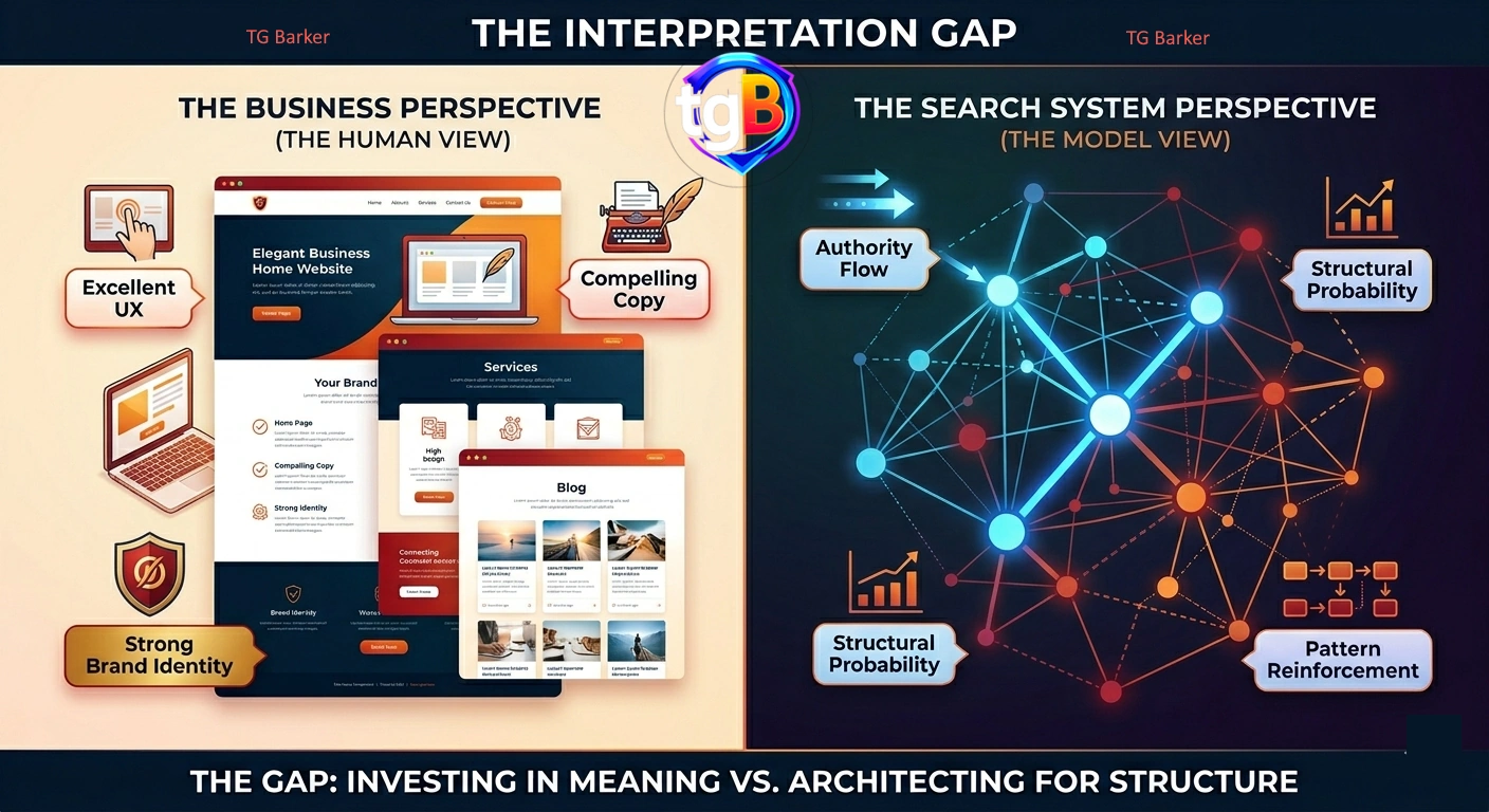 A conceptual diagram illustrating how Google’s systems view a website differently than humans. The left side (human view) shows web mockups and marketing icons (Brand Identity, UX). The right side (system view) shows a glowing network graph of nodes and connections representing digital authority and structural patterns.