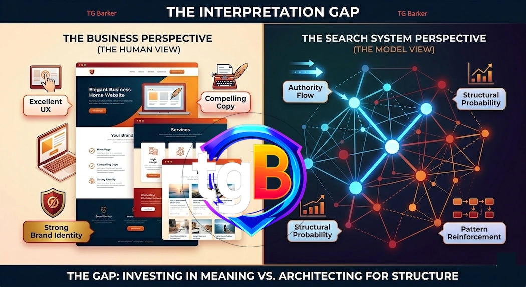 A conceptual diagram illustrating how Google’s systems view a website differently than humans. The left side (human view) shows web mockups and marketing icons (Brand Identity, UX). The right side (system view) shows a glowing network graph of nodes and connections representing digital authority and structural patterns.