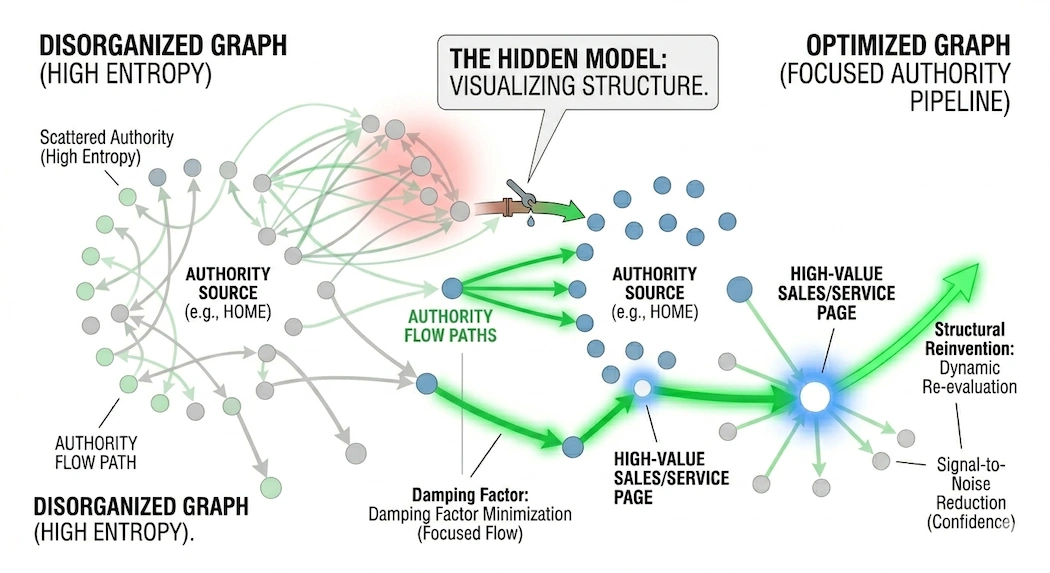 Visual representation of the Strategic Search Authority Review process: transforming a high-entropy website structure into a focused authority flow to improve search engine rankings.