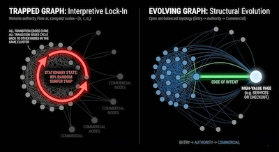 Graph theory diagram comparing two website structures: A 'Trapped Graph' with a red feedback loop showing 89% interpretive lock-in of authority, versus an 'Evolving Graph' where a thick green edge redirects authority to high-value pages like services and checkout.