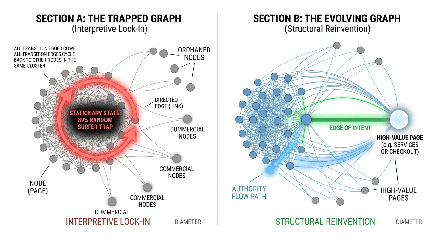 Graph theory diagram comparing two website structures: A 'Trapped Graph' with a red feedback loop showing 89% interpretive lock-in of authority, versus an 'Evolving Graph' where a thick green edge redirects authority to high-value pages like services and checkout.