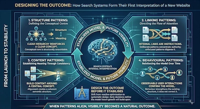 An infographic titled "Designing the Outcome: How Search Systems Form Their First Interpretation of a New Website," illustrating a cyclical system of SEO patterns."