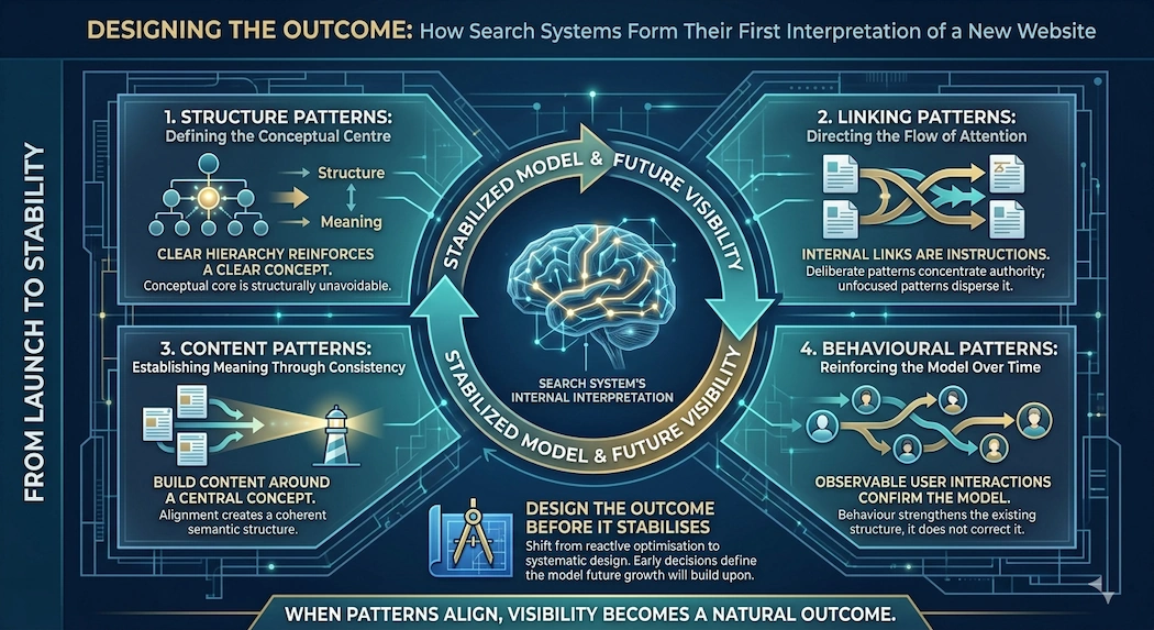 An infographic titled "Designing the Outcome: How Search Systems Form Their First Interpretation of a New Website," illustrating a cyclical system of SEO patterns."