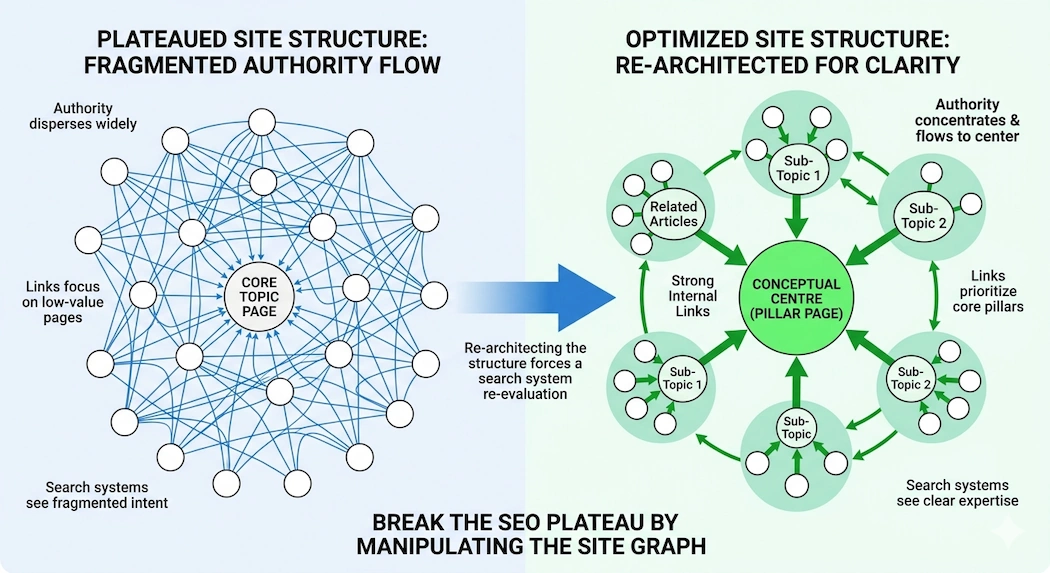 A comparison infographic titled 'Break the SEO Plateau by Manipulating the Site Graph.' The left side shows a 'Plateaued Site Structure' with a chaotic, tangled web of nodes where authority disperses widely and intent is fragmented. An arrow labeled 'Re-architecting the structure forces a search system re-evaluation' points to the right side, which shows an 'Optimized Site Structure.' This model features a clear 'Conceptual Centre' (Pillar Page) surrounded by organized sub-topic clusters and related articles, with green arrows illustrating how internal link equity concentrates and flows toward the center to signal expertise to search systems.