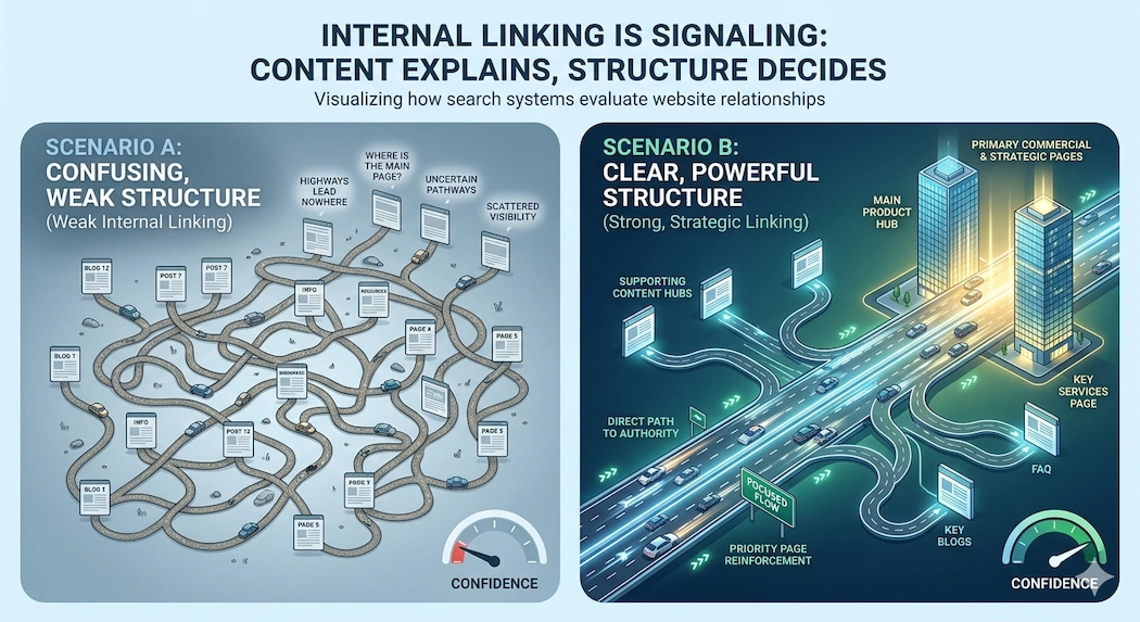 Infographic comparing weak vs. strong website internal linking structures. On the left, disorganized links create uncertainty; on the right, a strategic highway of links reinforces key pages, increasing search engine confidence and authority.