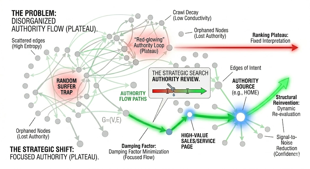 A comparative diagram showing a disorganized website graph with scattered authority and high entropy versus a strategic search authority review that re-routes authority into a focused pipeline leading to a high-value sales page.