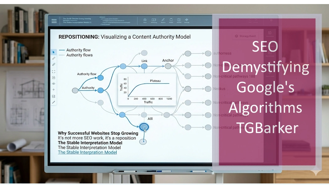 A digital whiteboard showing a complex website authority model with flowcharts illustrating how search systems interpret site structure and traffic plateaus.