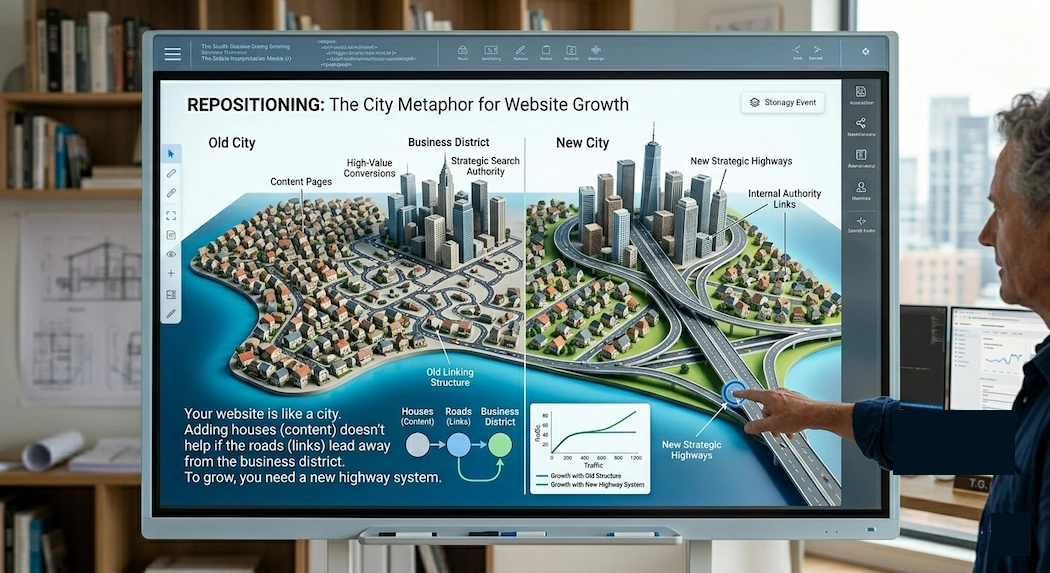 image using the metaphor: Your website is like a city. Adding more houses (content) doesn't help if the roads (links) all lead away from the business district. To grow, you don't need more houses; you need a new highway system.