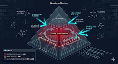 A technical diagram of a search system's internal model, showing how new content and optimization signals are deflected by a pre-existing stable interpretation flow and structural resistance 