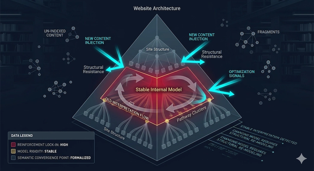 A technical diagram of a search system's internal model, showing how new content and optimization signals are deflected by a pre-existing stable interpretation flow and structural resistance