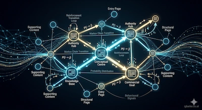 A complex, glowing digital network graph on a dark background illustrating website probability and movement structures. The diagram features interconnected blue and gold nodes labeled as "Authority Hub," "Conceptual Centre," "Knowledge Base," "Entry Page," and "Supporting Content." Glowing directional arrows represent transition pathways with mathematical formulas like "P(i → j)" and labels such as "Markov Chain Transition" and "Reinforcement Loop," visually demonstrating how search engine algorithms analyze website architecture and user behavior