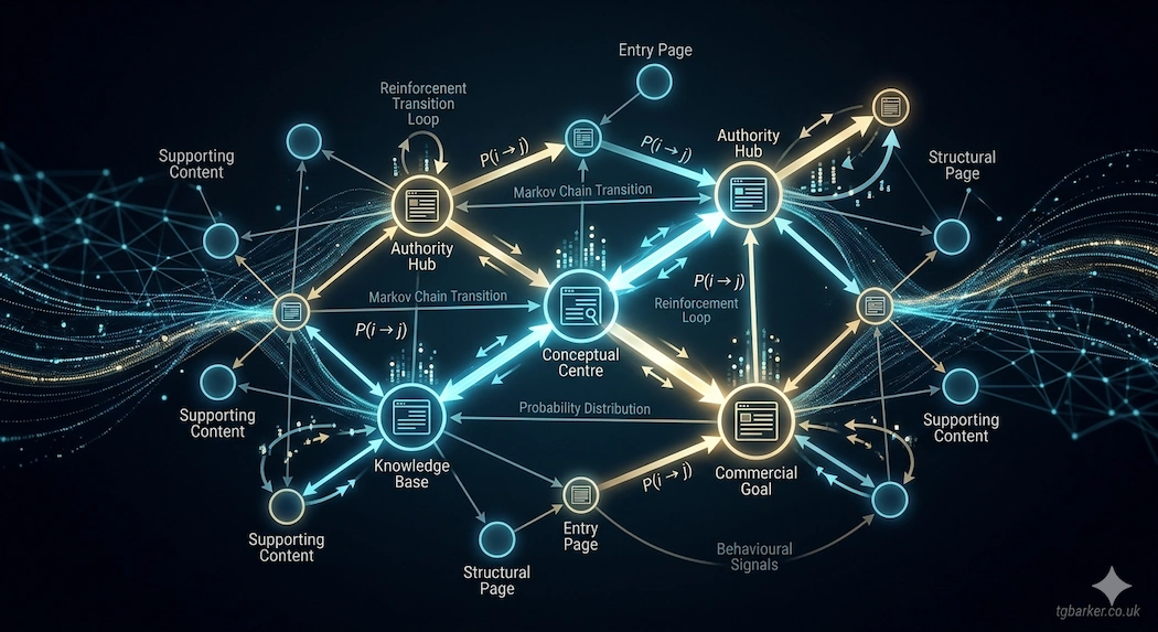 A complex, glowing digital network graph on a dark background illustrating website probability and movement structures. The diagram features interconnected blue and gold nodes labeled as "Authority Hub," "Conceptual Centre," "Knowledge Base," "Entry Page," and "Supporting Content." Glowing directional arrows represent transition pathways with mathematical formulas like "P(i → j)" and labels such as "Markov Chain Transition" and "Reinforcement Loop," visually demonstrating how search engine algorithms analyze website architecture and user behavior
