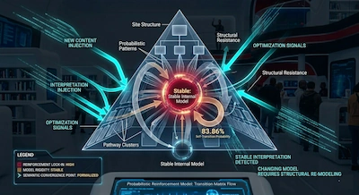 A technical diagram illustrating structural resistance in search systems, showing new content and optimization signals being absorbed or deflected by a stable internal model and a fixed authority core
