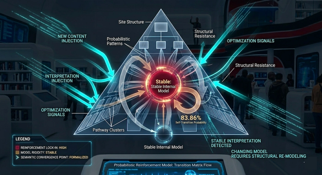 A technical diagram illustrating structural resistance in search systems, showing new content and optimization signals being absorbed or deflected by a stable internal model and a fixed authority core