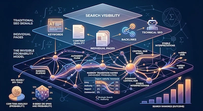 An infographic illustrating the invisible probability model behind search rankings. The top layer shows traditional SEO signals like keywords, backlinks, and content quality. The bottom layer reveals a hidden network graph of interconnected page nodes with flowing authority paths, accompanied by visualizations of a coin toss, an 8-sided die, and a Markov transition matrix.