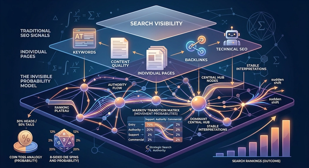 An infographic illustrating the invisible probability model behind search rankings. The top layer shows traditional SEO signals like keywords, backlinks, and content quality. The bottom layer reveals a hidden network graph of interconnected page nodes with flowing authority paths, accompanied by visualizations of a coin toss, an 8-sided die, and a Markov transition matrix.