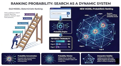 An infographic titled "Ranking Probability: Search as a Dynamic System" comparing the old deterministic SEO model of a linear ladder to a new probabilistic model. The new model illustrates search results as a complex web of nodes and edges, showing "Top Result Probability" percentages and explaining concepts like Probability Concentration, Dilution, and Interpretive Stability.