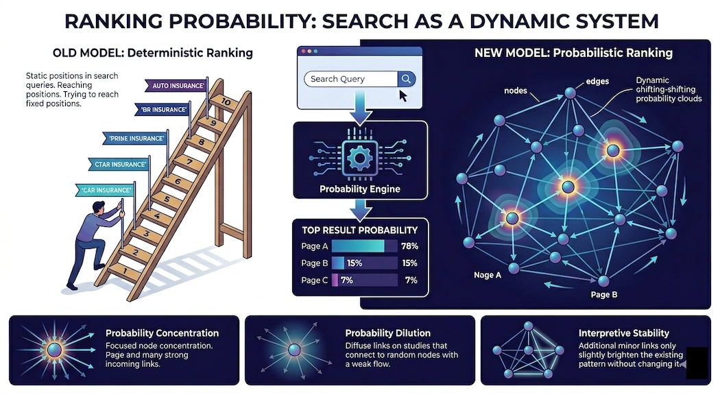 An infographic titled "Ranking Probability: Search as a Dynamic System" comparing the old deterministic SEO model of a linear ladder to a new probabilistic model. The new model illustrates search results as a complex web of nodes and edges, showing "Top Result Probability" percentages and explaining concepts like Probability Concentration, Dilution, and Interpretive Stability.