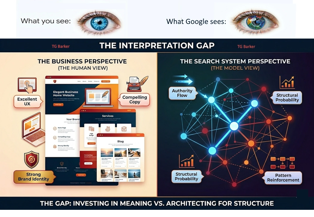 Display of a website example with left hand side giving the human eye view of a user sees with a chart or graph of what a search engine sees