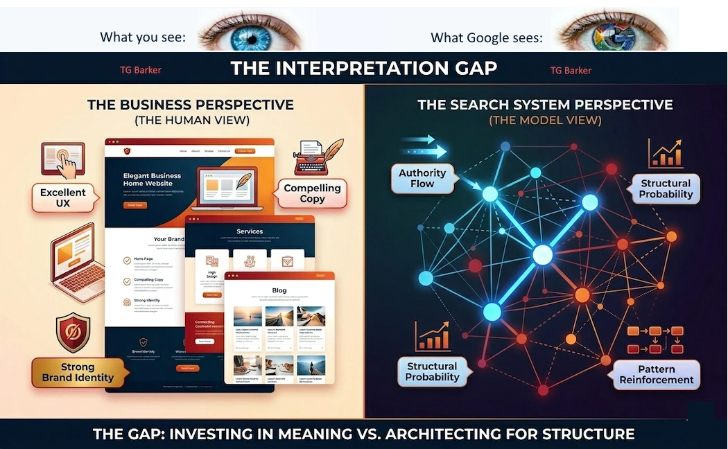 Display of a website example with left hand side giving the human eye view of a user sees with a chart or graph of what a search engine sees