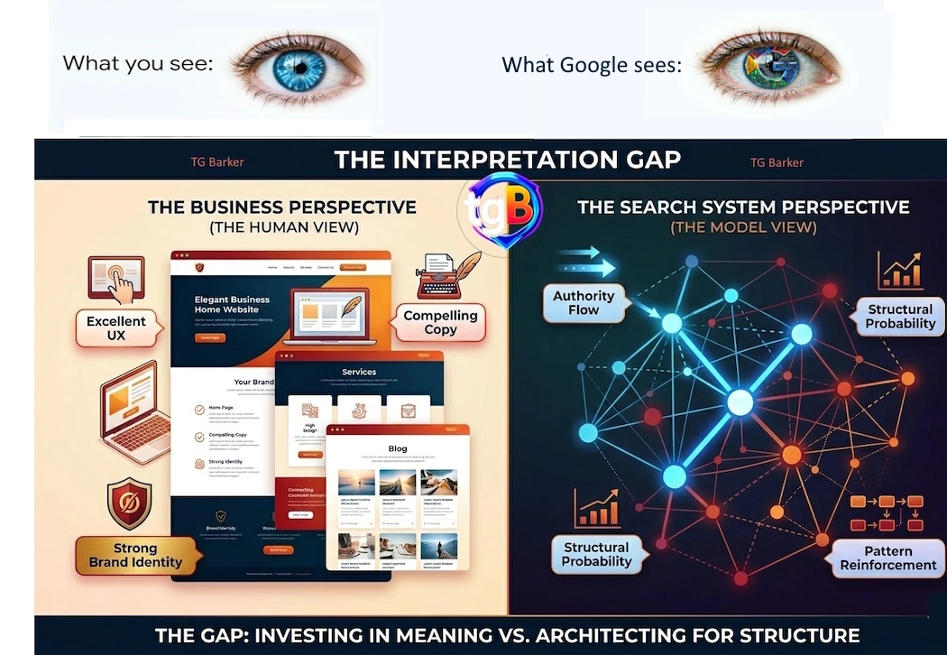 Display of a website example with left hand side giving the human eye view of a user sees with a chart or graph of what a search engine sees