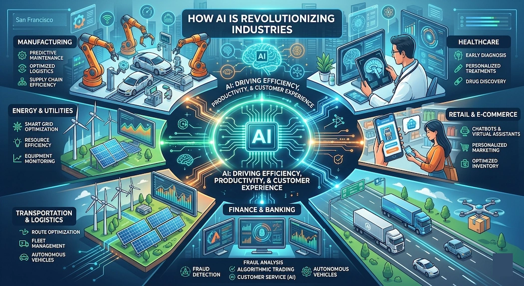 A futuristic infographic centered around a glowing AI microchip. Surrounding sections illustrate AI applications across multiple sectors: automated manufacturing arms, a doctor analyzing brain scans in healthcare, a shopper using a personalized retail app, automated logistics and drones in transportation, data charts for finance, and solar panels with wind turbines for smart energy management.