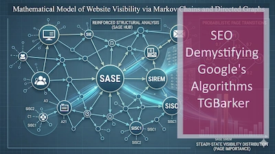 A technical diagram titled "Mathematical Model of Website Visibility via Markov Chains and Directed Graphs" on a dark grid background. The center features a complex network map of web page nodes connected by directional arrows, highlighting central hubs like "SASE," "SIREM," and "SISC." To the right, supplementary panels display data tables of transition matrices, a small directed graph loop with numerical probability values (such as 0.7 and 0.2) labeled "Probabilistic Page Transitions," and a bar chart at the bottom right illustrating a "Steady-State Visibility Distribution (Page Importance).
