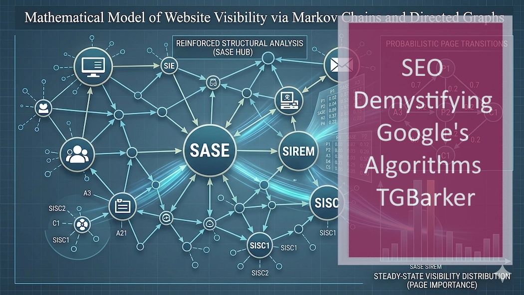 How-Google-Uses-Markov-Chains-to-Rank-Your-Website A technical diagram titled "Mathematical Model of Website Visibility via Markov Chains and Directed Graphs" on a dark grid background. The center features a complex network map of web page nodes connected by directional arrows, highlighting central hubs like "SASE," "SIREM," and "SISC." To the right, supplementary panels display data tables of transition matrices, a small directed graph loop with numerical probability values (such as 0.7 and 0.2) labeled "Probabilistic Page Transitions," and a bar chart at the bottom right illustrating a "Steady-State Visibility Distribution (Page Importance).