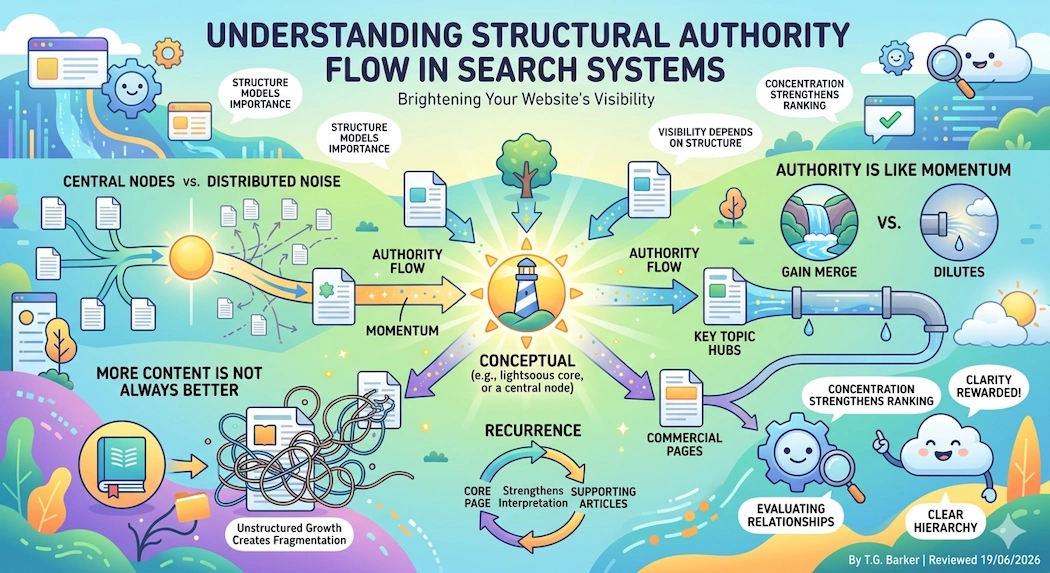 infographic-understanding-structural-authority-flow-in-search-systems Infographic using a lighthouse and water flow metaphors to explain website structural authority and search rankings.