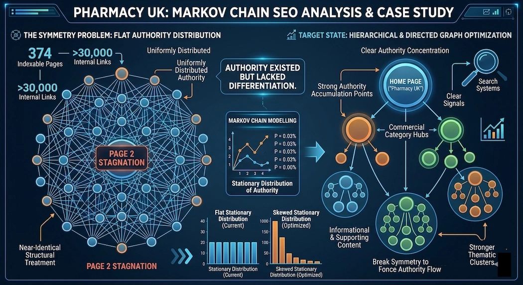 A technical SEO case study infographic titled 'Pharmacy UK: Markov Chain SEO Analysis'. The left side illustrates 'The Symmetry Problem' with a dense, chaotic web graph of 374 pages and over 30,000 links showing a flat stationary distribution of authority. The right side illustrates the 'Target State' with an optimized, clean hierarchical directed graph flowing from the Homepage down to commercial category hubs and thematic clusters, establishing clear authority signals for search systems.