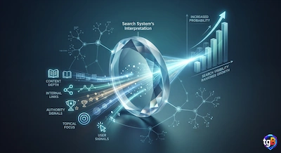 A conceptual diagram illustrating the reinforcement model of search visibility. On the left, various digital signals like "Content Depth," "Internal Links," and "User Signals" flow into a large, central glass lens labeled "Search System’s Interpretation." As these signals pass through the lens, they focus into a powerful beam that drives an upward-trending bar chart on the right, representing "Increased Probability" and "Search Visibility Rankings Growth" against a dark, technical background with node-network patterns.