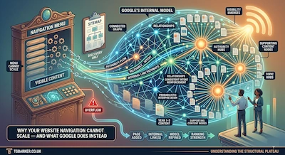 An infographic for tgbarker.co.uk titled "Why Your Website Navigation Cannot Scale." On the left, a vintage wooden machine represents a limited "Navigation Menu" overflowing with content. This overflow feeds into a large, glowing digital brain network on the right representing "Google’s Internal Model." Inside the network, individual pages act as nodes connected by flowing light paths of "Internal Links," converging into bright "Authority Hubs" and "Topic Hubs" that ultimately broadcast a signal labeled "Visibility Emerges." Two professionals stand at the bottom right observing the data visualization.