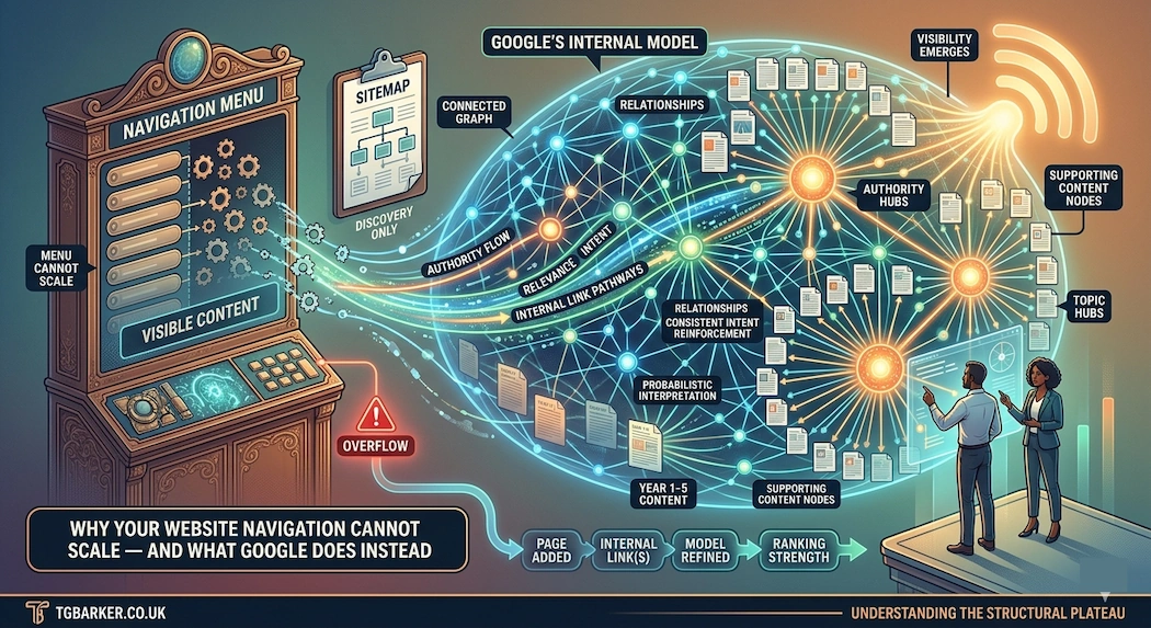 An infographic for tgbarker.co.uk titled "Why Your Website Navigation Cannot Scale." On the left, a vintage wooden machine represents a limited "Navigation Menu" overflowing with content. This overflow feeds into a large, glowing digital brain network on the right representing "Google’s Internal Model." Inside the network, individual pages act as nodes connected by flowing light paths of "Internal Links," converging into bright "Authority Hubs" and "Topic Hubs" that ultimately broadcast a signal labeled "Visibility Emerges." Two professionals stand at the bottom right observing the data visualization.