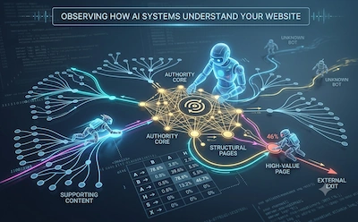 A conceptual 3D data visualization of AI systems and search crawlers traversing a website structure. Neon blue and orange network nodes map out categories like Authority Core, Supporting Content, and Structural Pages. Tiny stylized robot figures navigate along the path lines, illustrating a Markov system flow matrix and demonstrating how automated bots interpret website hierarchy and data architecture.