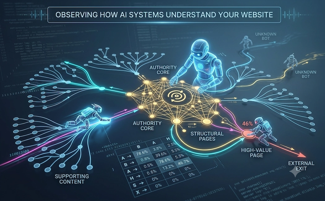 Observing-how-AI-Systems-understand-your-website A conceptual 3D data visualization of AI systems and search crawlers traversing a website structure. Neon blue and orange network nodes map out categories like Authority Core, Supporting Content, and Structural Pages. Tiny stylized robot figures navigate along the path lines, illustrating a Markov system flow matrix and demonstrating how automated bots interpret website hierarchy and data architecture.