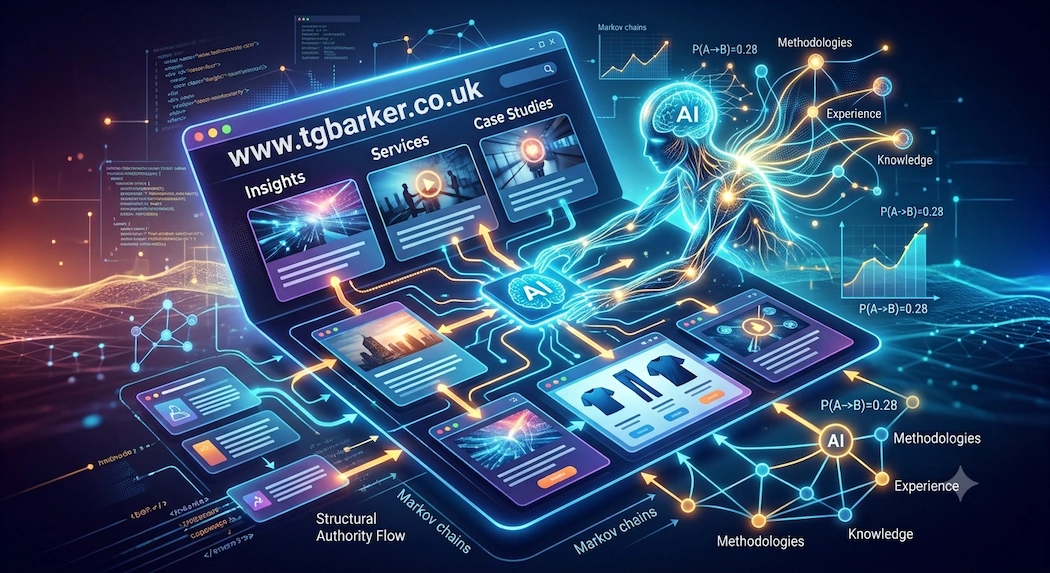 A futuristic, technical illustration of a website interface with the domain www.tgbarker.co.uk. A glowing, translucent AI figure interacts with the site's layout, extracting concepts like 'Methodologies,' 'Experience,' and 'Knowledge' into a complex neural network.