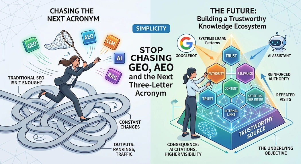 Infographic contrasting the pursuit of SEO acronyms with building an interconnected knowledge ecosystem.