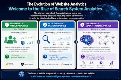 Diagram showing the evolution of website analytics from Visitor Analytics to Search Analytics and finally Search System Analytics, illustrating how intelligent search systems learn from websites.