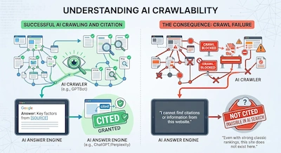 Diagram illustrating AI crawlability: Open access allows AI crawlers to process pages and generate citations, while blocked access prevents answer engines from citing content