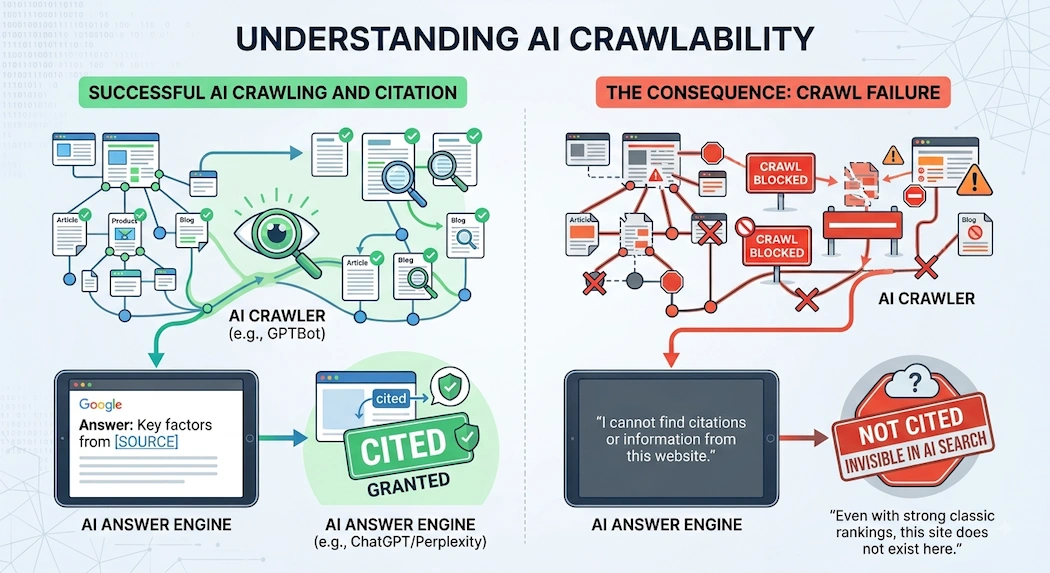Diagram illustrating AI crawlability: Open access allows AI crawlers to process pages and generate citations, while blocked access prevents answer engines from citing content