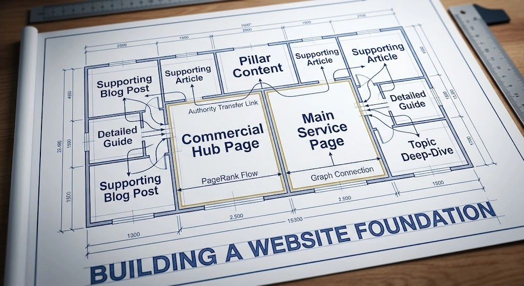 Architectural blueprint showing a website structure foundation, illustrating how commercial hub pages, pillar content, and supporting blog posts connect to direct PageRank and authority flow
