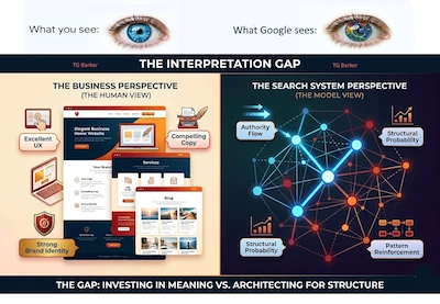 Display of a website example with left hand side giving the human eye view of a user sees with a chart or graph of what a search engine sees
