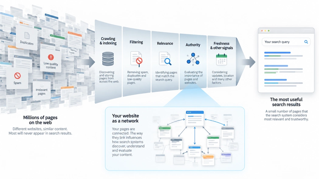 Diagram showing how search engines evaluate web pages through crawling, indexing, relevance and authority, and how internal website links influence search visibility.